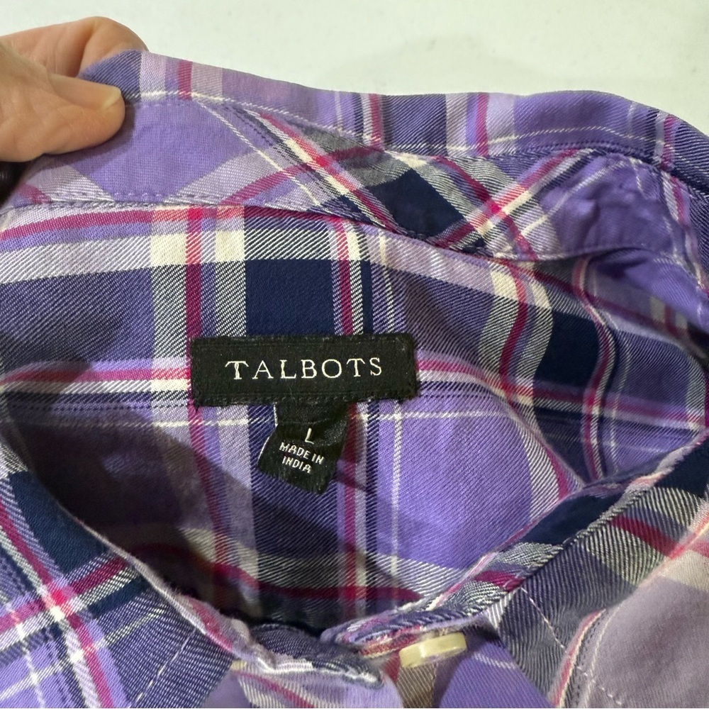 Talbots Plaid Button Up Shirt Purple Navy Cotton Long Sleeve Women’s Size L - Picture 8 of 11
